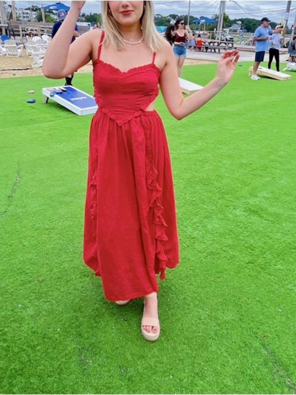 100% Cotton FARM Rio Scarlet Ruffle Cutout Maxi Dress - Picture 4 of 13